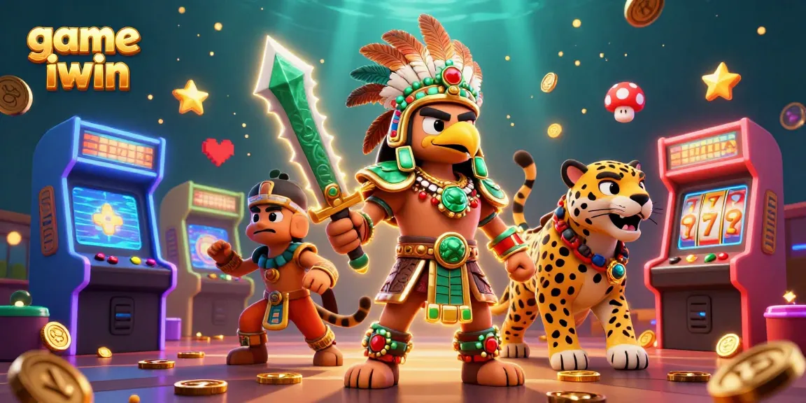 Engage with game iwin featuring an Aztec eagle warrior and jackpot symbols in a vibrant casino scene.