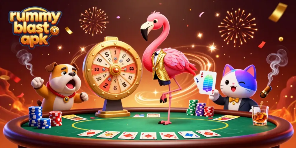 Join the excitement with rummy blast apk: a thrilling game show scene featuring a flamingo, bulldog, and prizes!