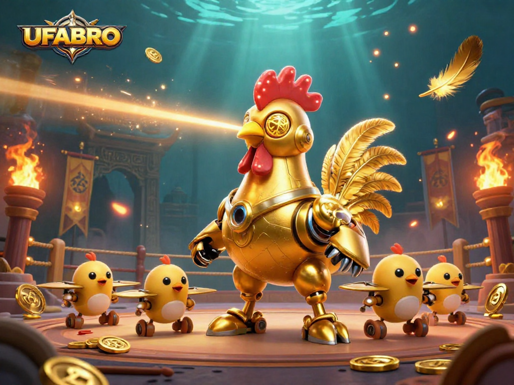 UFABRO players engage in dynamic action with the golden rooster robot amidst thrilling gaming elements.