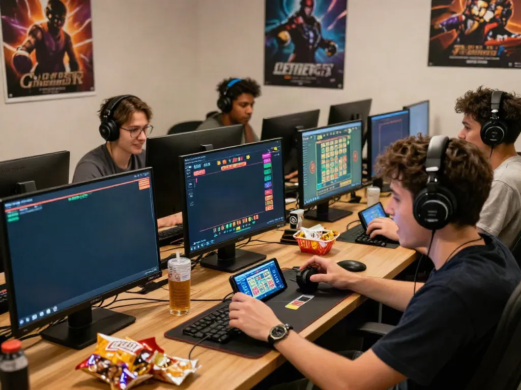 A group of players excitedly engaging with unsurtoto online lottery games, surrounded by snacks and gaming equipment.
