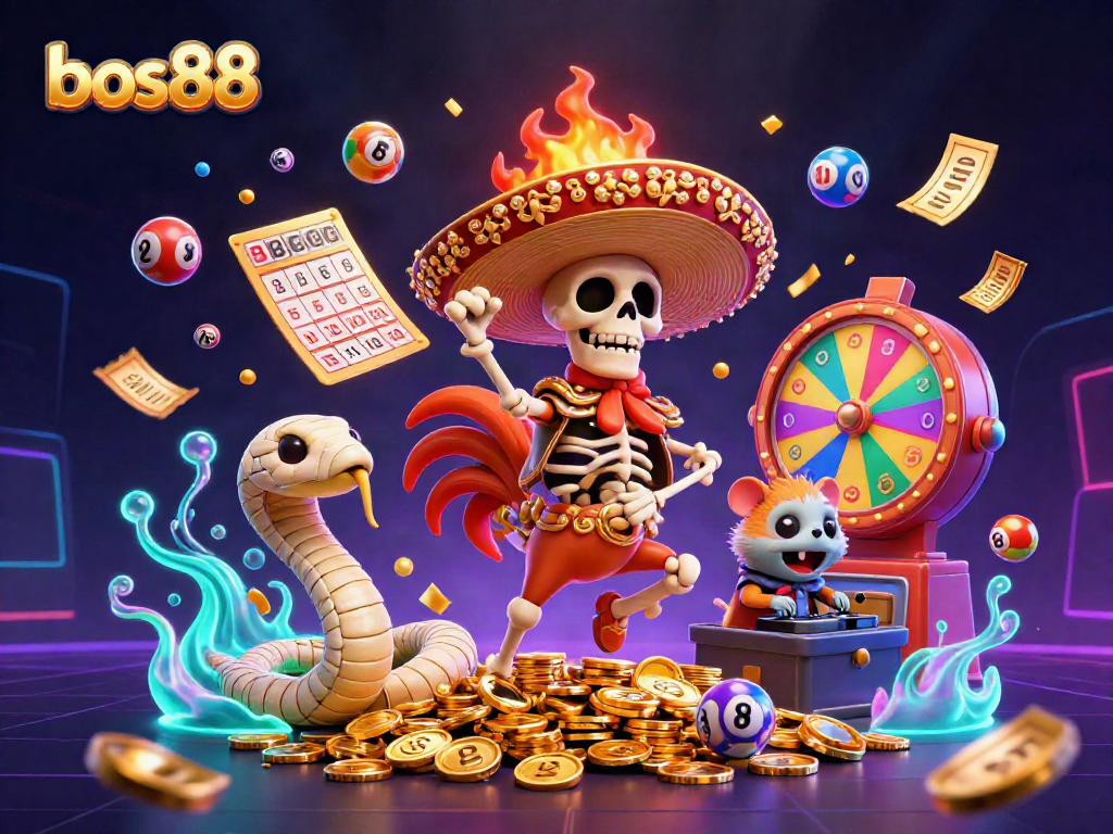 In a vibrant casino scene, the bos88 branding shines as characters celebrate golden wins amidst dynamic gaming elements.