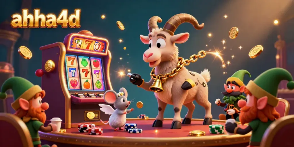 Slot online ahha4d menampilkan suasana kasino yang penuh warna dengan karakter konyol dan alat permainan yang cerah.