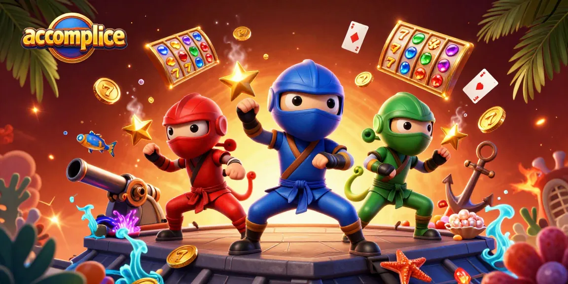 Experience the thrill of gaming with accomplice's vibrant illustration of ninja chameleons and spinning slots.