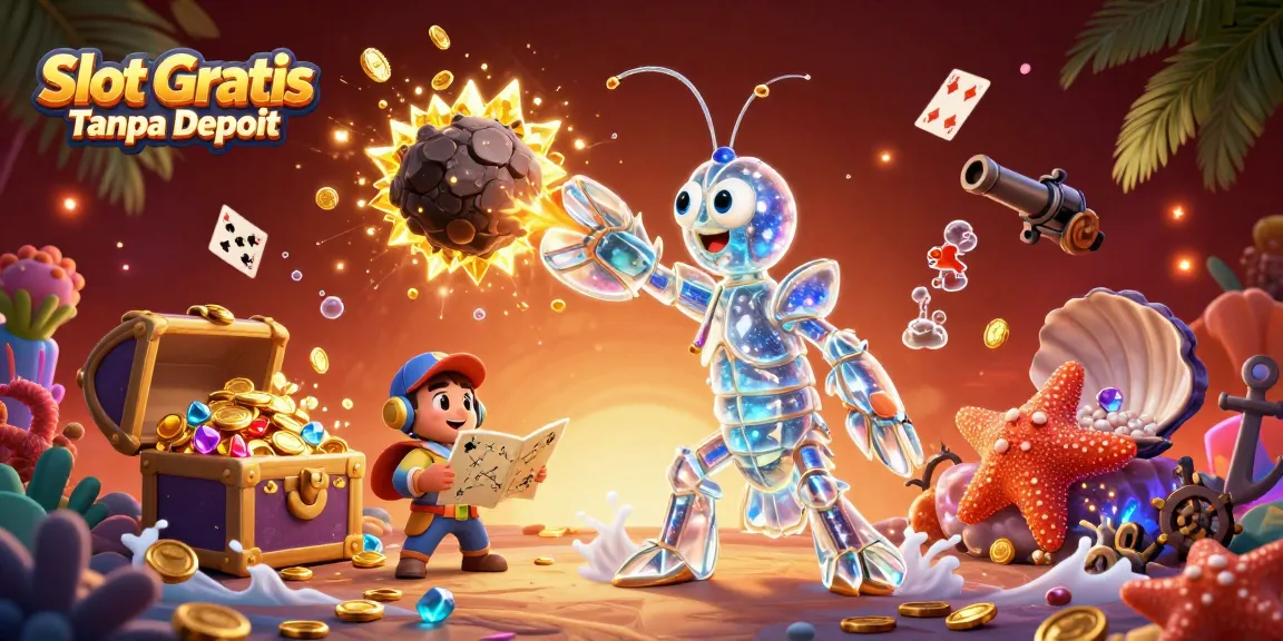 Experience thrilling Slot Gratis Tanpa Deposit moments with a vibrant 3D cartoon adventure illustration, featuring unique characters and casino elements.