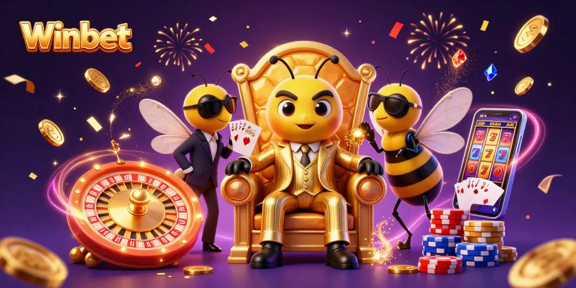 Winbet engaging casino thrill depicted with a vibrant bumblebee mob boss surrounded by colorful gaming elements.