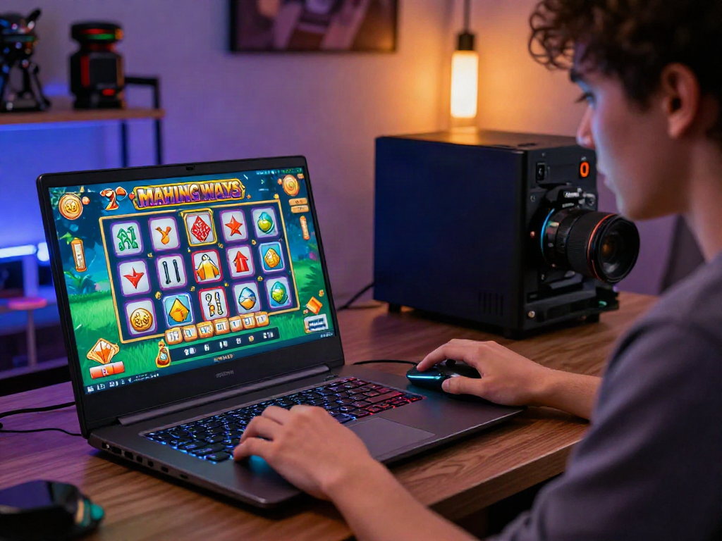 Menggambarkan permainan slot mahjong di layar komputer dengan pemain terfokus dalam suasana kantor modern.