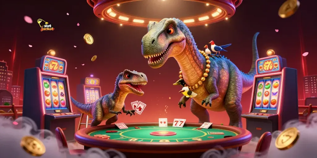 Memenangkan slot jackpot dalam ilustrasi kasino, dikelilingi simbol buah, brontosaurus, dan raptor.