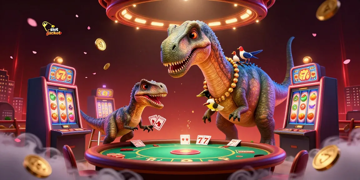 Memenangkan slot jackpot dalam ilustrasi kasino, dikelilingi simbol buah, brontosaurus, dan raptor.