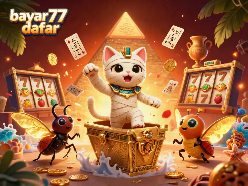Engage in thrilling gameplay with bayar77 daftar as the Egyptian mummy cat bursts into action within a vibrant casino.