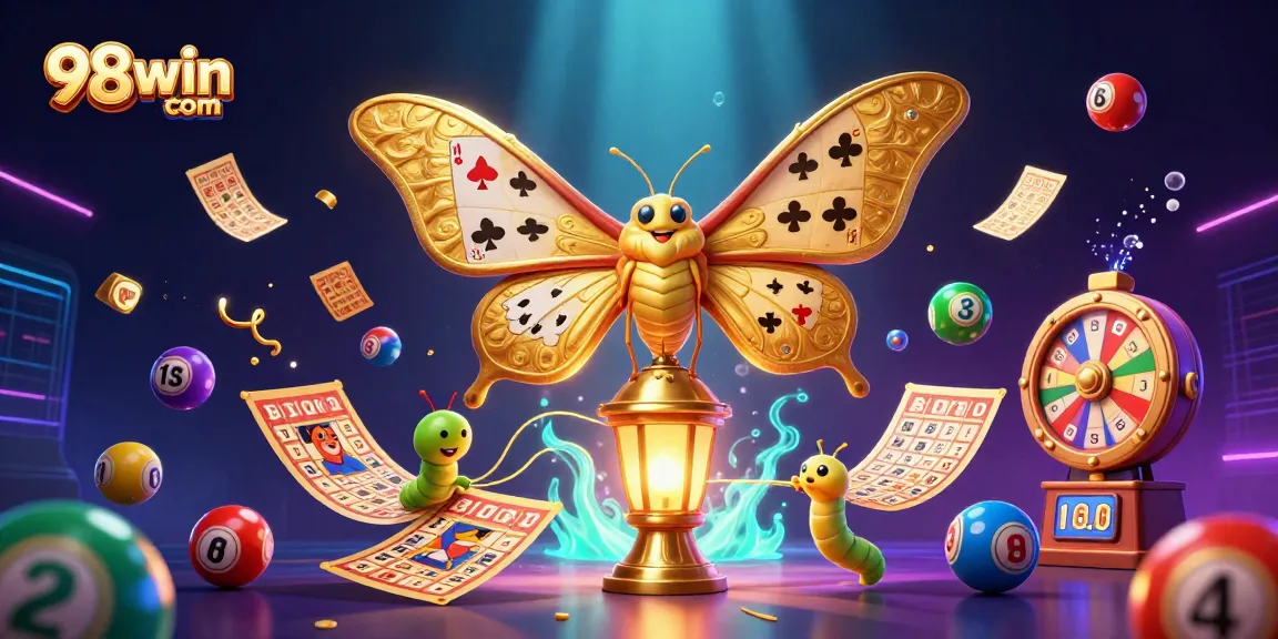 Win big with 98win com in a vibrant, colorful, casino-themed 3D illustration showcasing dynamic gaming elements.