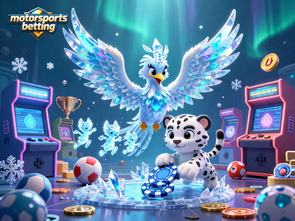 Experience thrilling motorsports betting with an icy phoenix and vibrant game elements.