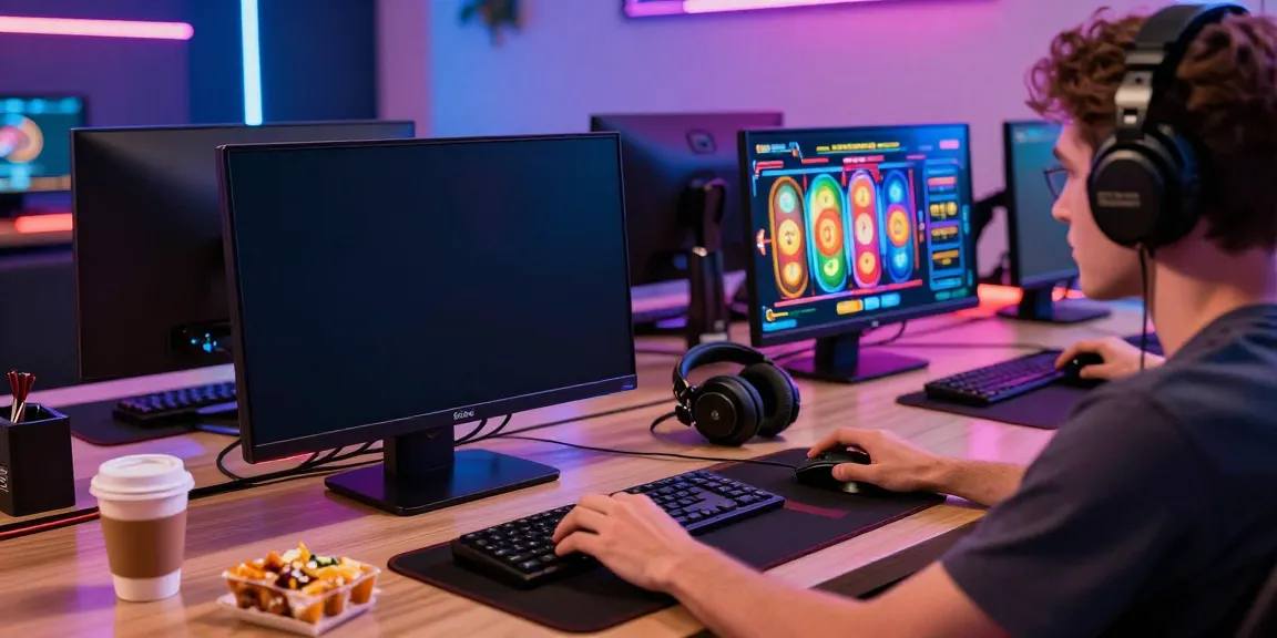 Player enjoying judi slot games on a modern gaming setup with vibrant graphics.