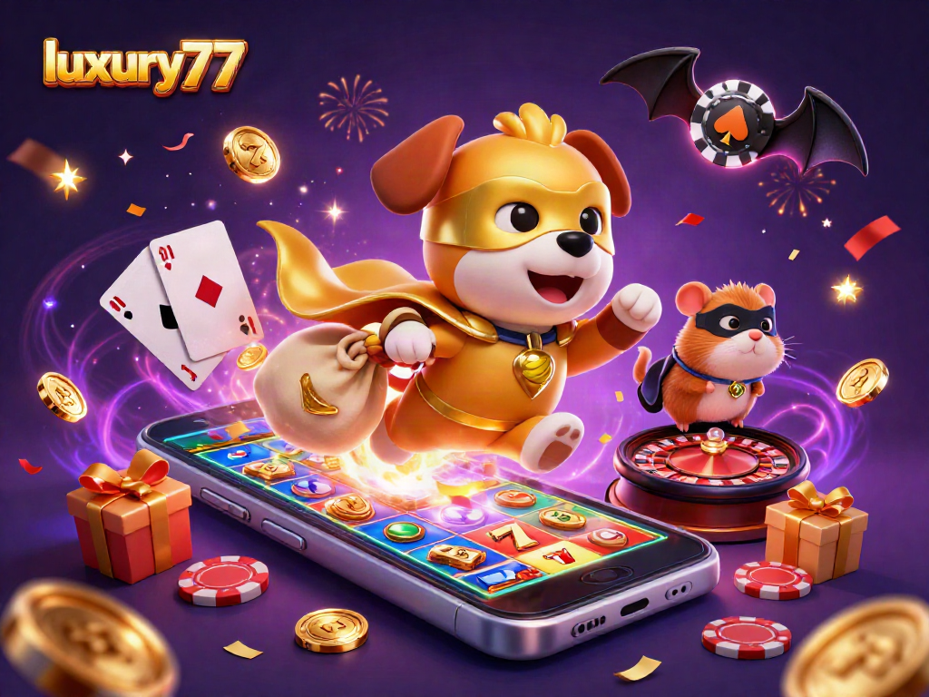 Lakukan taruhan seru dengan luxury777, saat anjing pahlawan terbang membawa koin emas dan simbol poker chip muncul di langit.
