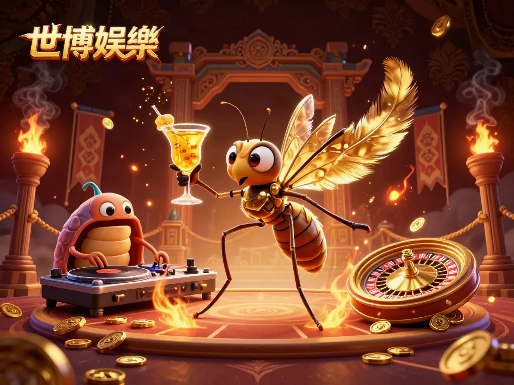 世博娱乐吸引人的场景，卡通蛹蚊变身为赌场吉祥物，与DJ和金色轮盘互动，激励牌手！