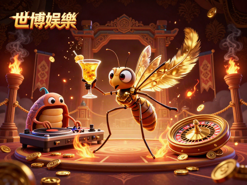 世博娱乐吸引人的场景，卡通蛹蚊变身为赌场吉祥物，与DJ和金色轮盘互动，激励牌手！