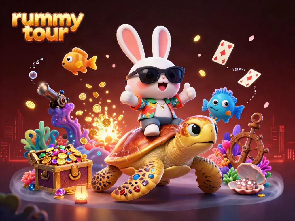 Permainan rummy tour yang menarik dengan karakter kartun lucu yang juga menampilkan elemen permainan lainnya.