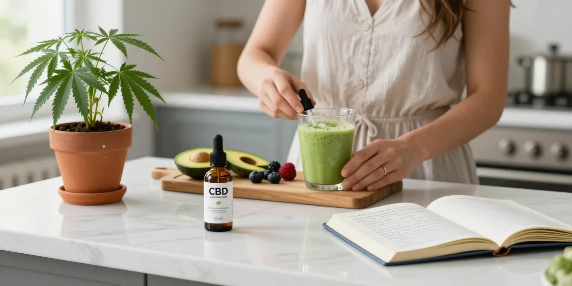 Can you vape in Cyprus? A woman demonstrating natural wellness with CBD oil in a bright kitchen.