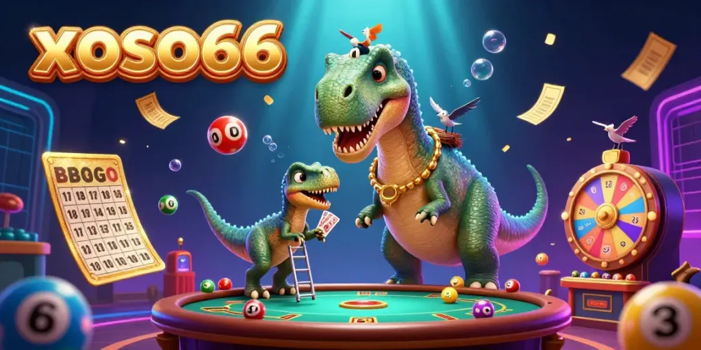 Experience the excitement of xoso66 with vibrant casino-themed elements and animated lottery balls.