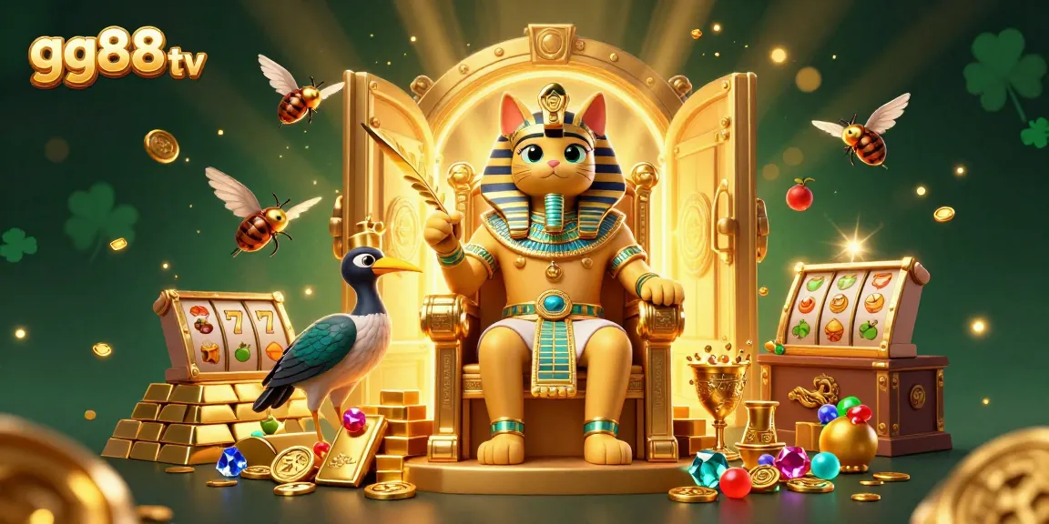 Engage with gg88 tv through this vibrant illustration showcasing an Egyptian-themed casino scene with games and treasures.