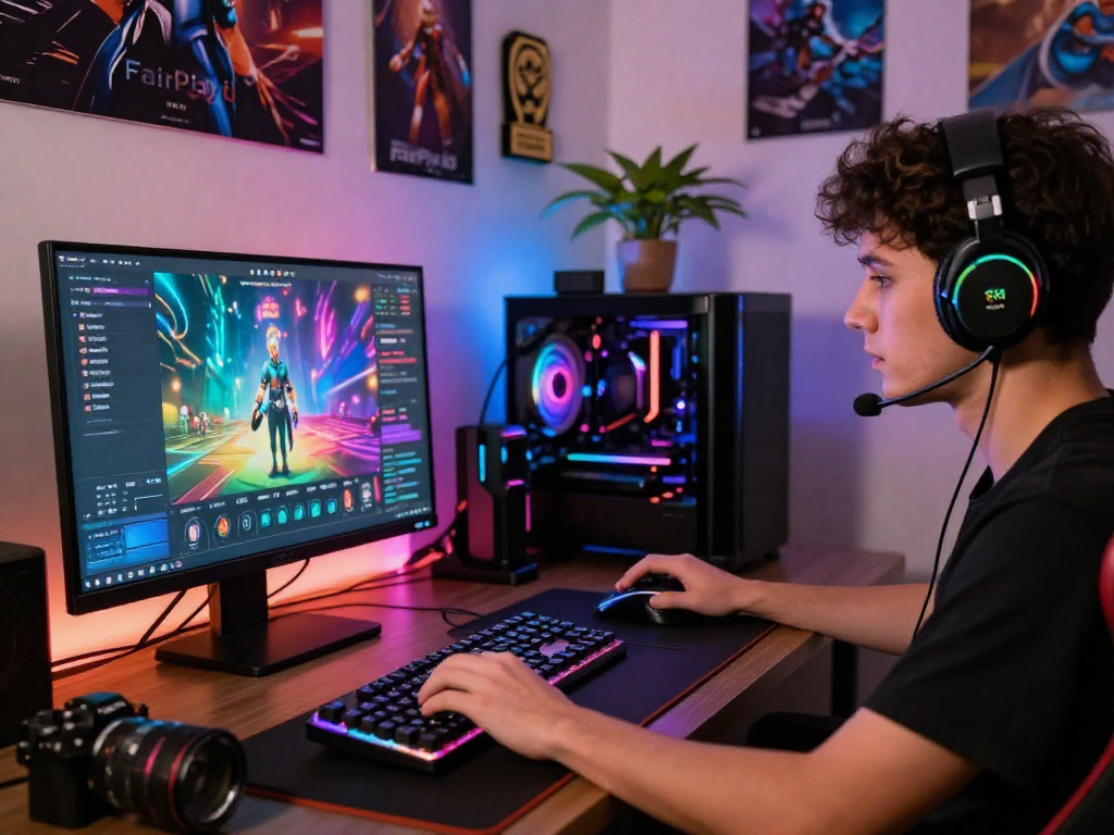 FairPlay id gaming scene with player immersed in an online match featuring colorful graphics.