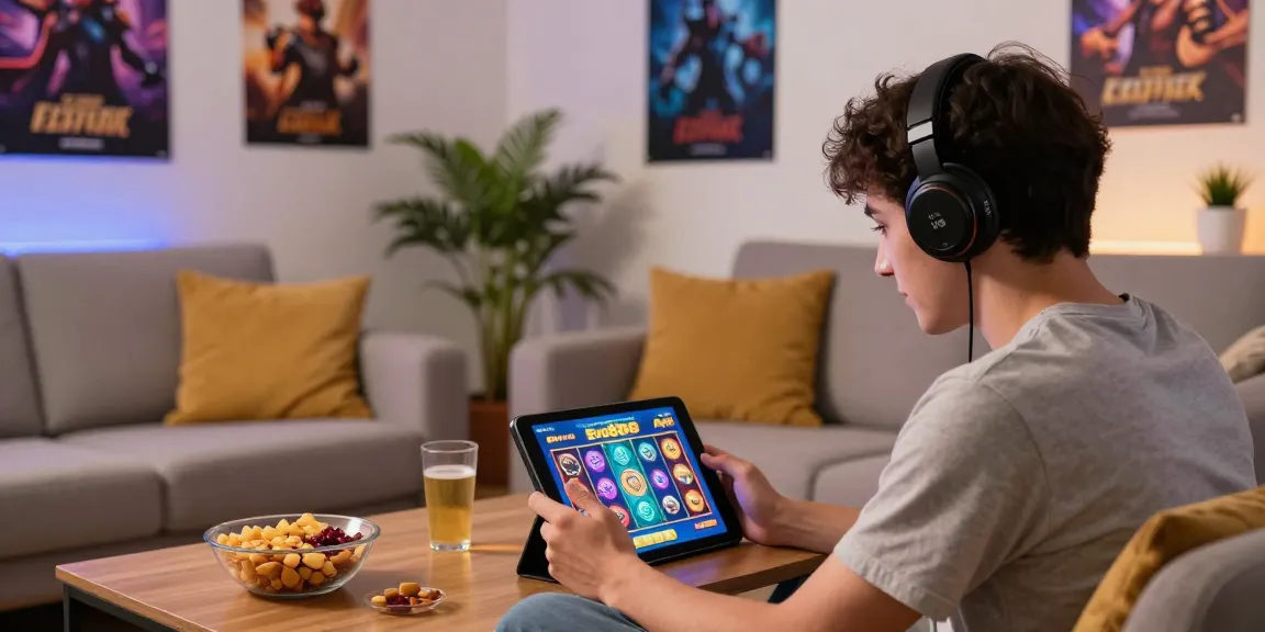 Evo888 Apk gaming experience with player enjoying vibrant slot graphics in a cozy living room.