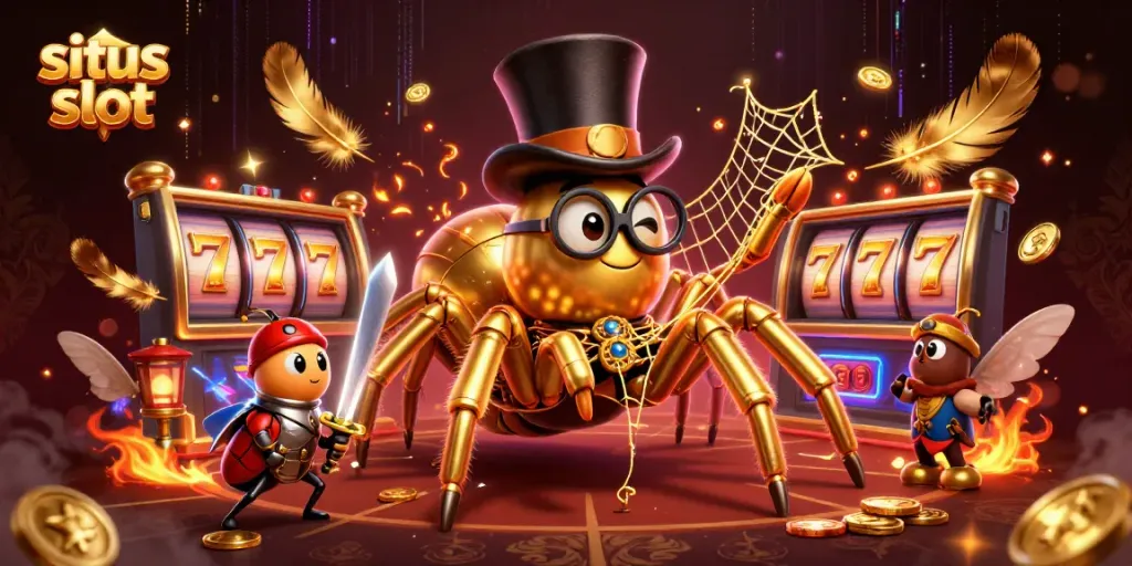 situs slot menampilkan tarantula emas raksasa di kasino, berputar dan penuh detail