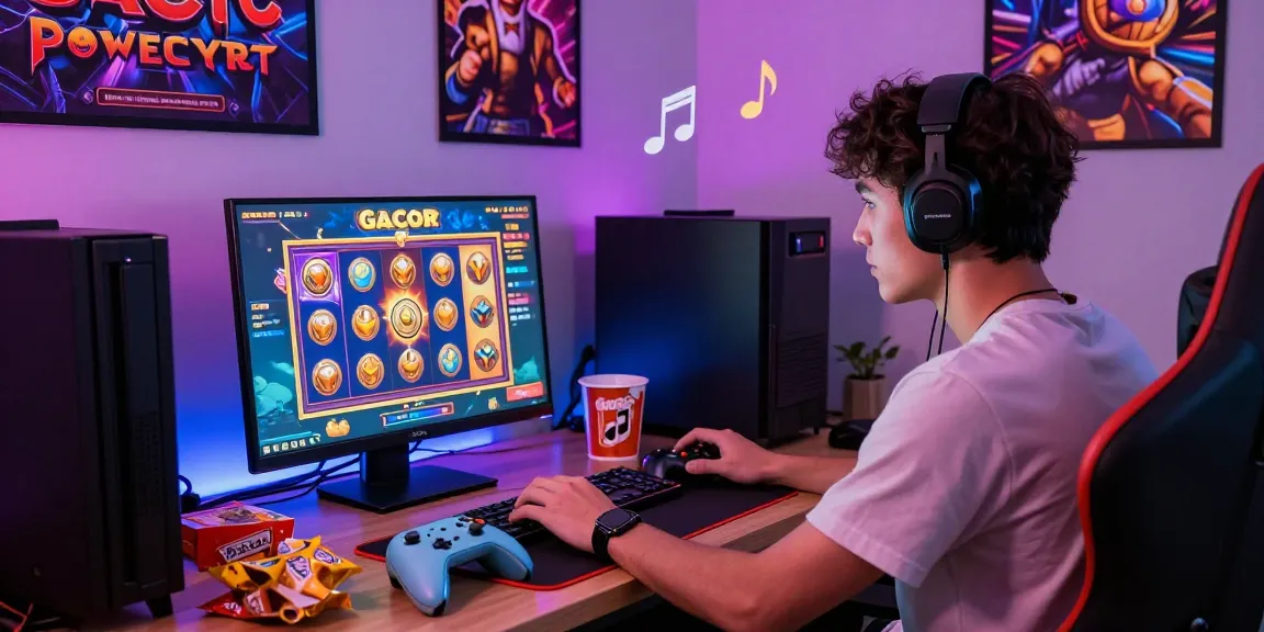 Gamer menikmati permainan slot gacor online dengan aksesori lengkap dan atmosfer ceria