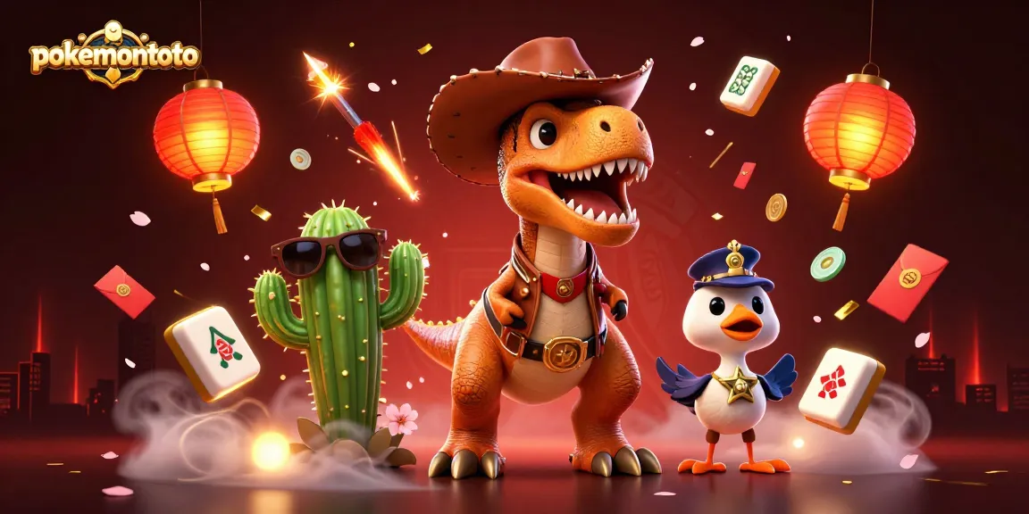Gambarkan aksi menarik di pokemontoto dengan karakter kartun dinosaurus dan elemen kasino yang berkilauan.
