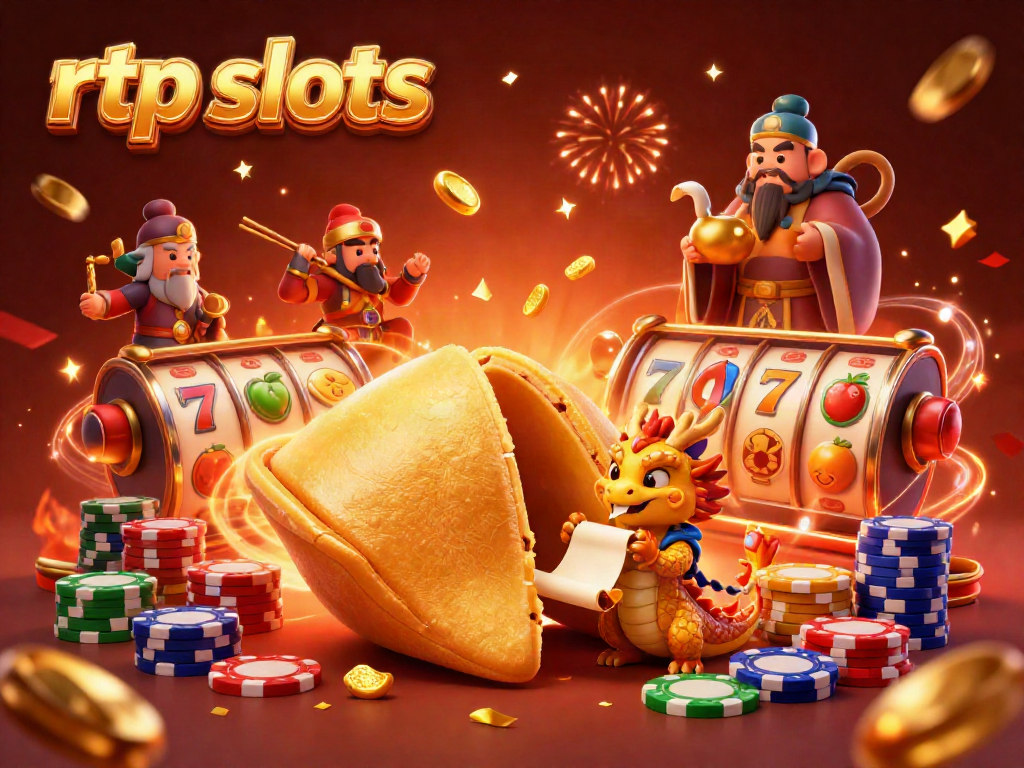 Engage with thrilling rtp slots in an ultra-detailed casino illustration filled with fortune cookie characters and vibrant game symbols.
