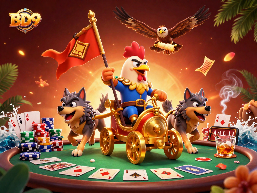 Engage in exciting gaming at BD9, featuring a battle-ready rooster warlord amidst poker elements.