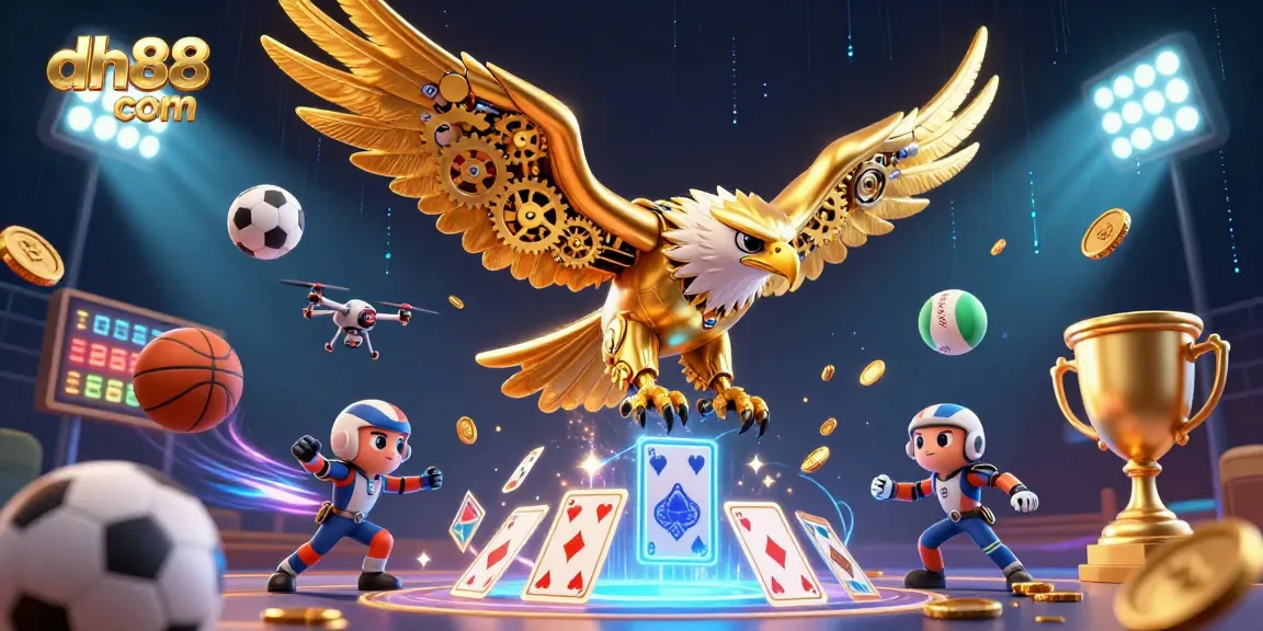 Engage with dh88 com as a cybernetic eagle dives through holographic cards in a vibrant casino scene.