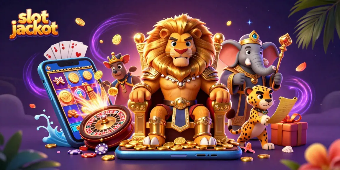 Menggenggam slot jackpot dengan permainan slot menawan, raja singa, dan elemen kasino yang berwarna-warni.