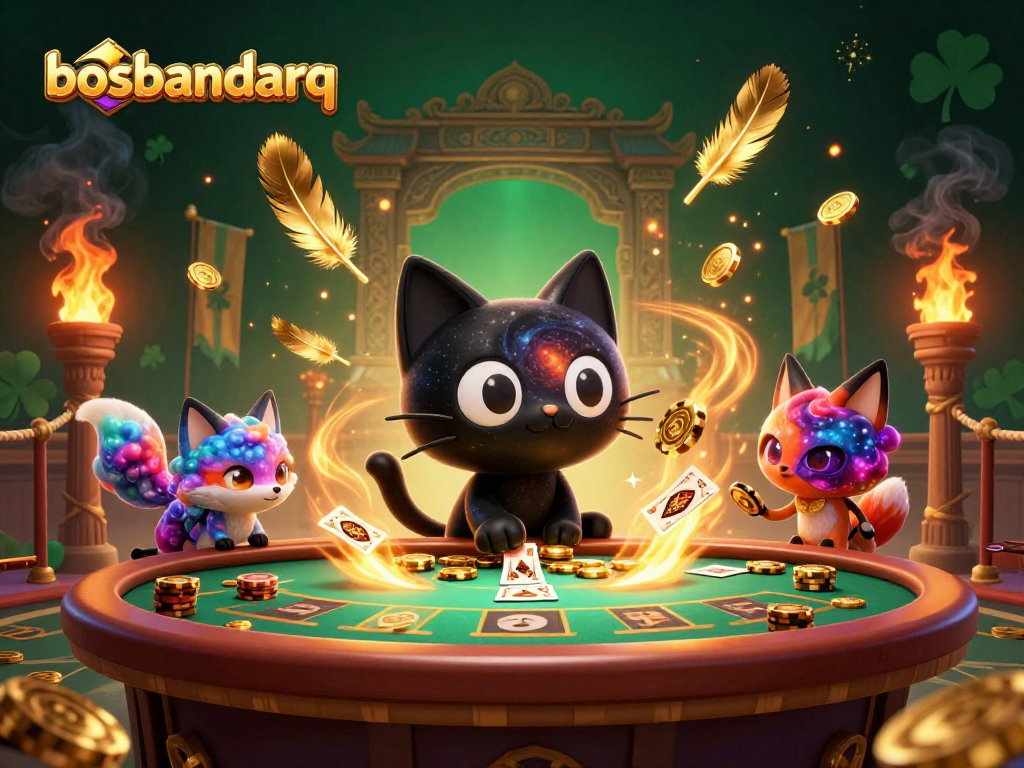Engage with bosbandarq's cosmic casino magic featuring the black hole cat and nebula fox.