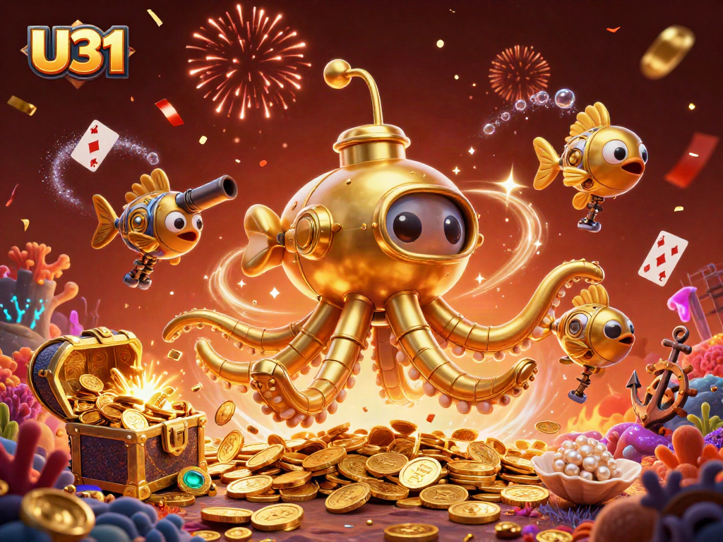 Engaging scene of U31, a playful golden kraken submarine, amidst treasures and casino elements.