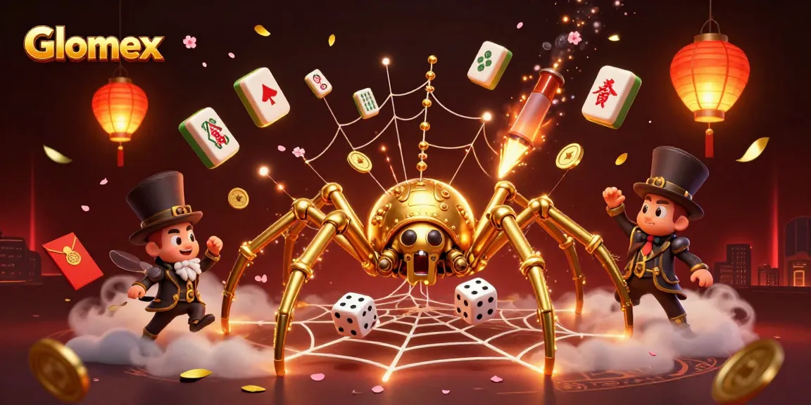 Experience Glomex's immersive gaming with a whimsical spider capturing dice in a vibrant casino scene.