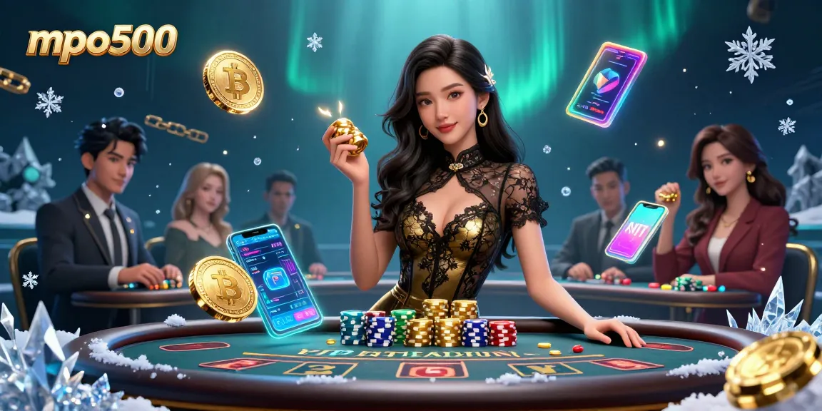 Experience gaming excitement with mpo500 at a vibrant VIP baccarat table, surrounded by high-value casino chips and crypto elements.