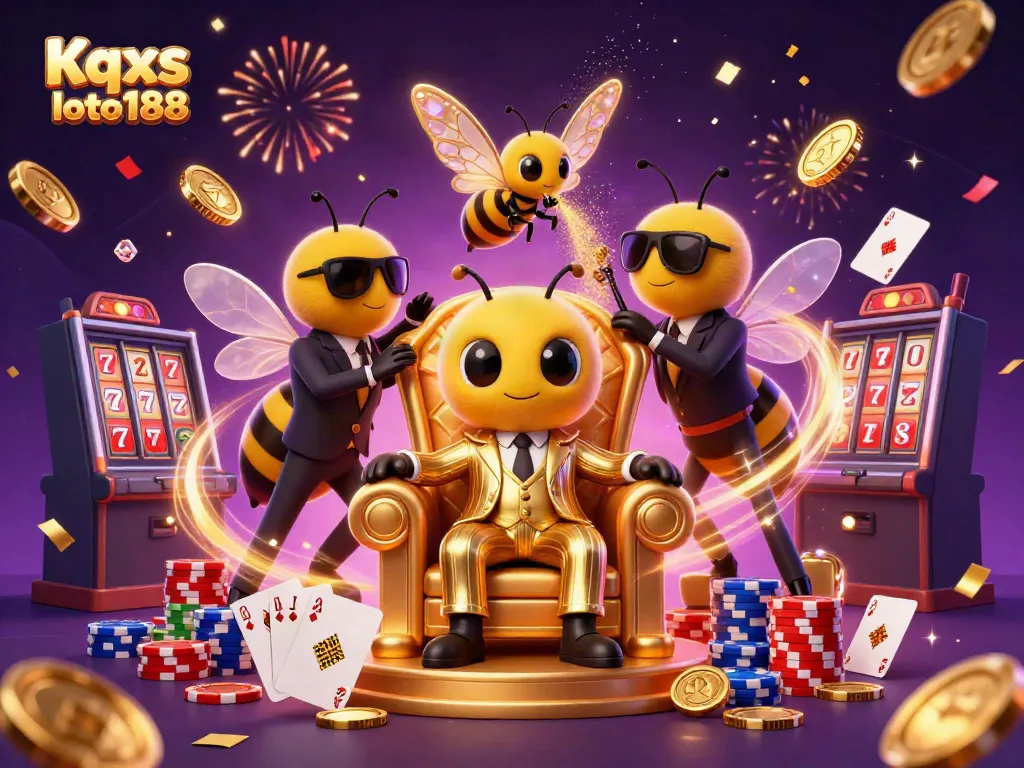 Kqxs loto188 showcases a vibrant 3D scene with a cartoon mob boss, wasp guards, and a butterfly informant amidst gambling elements.