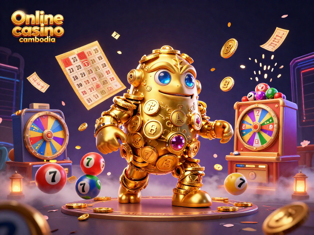 Engage with the excitement of Online casino cambodia featuring a golden golem, vibrant game elements, and dynamic action