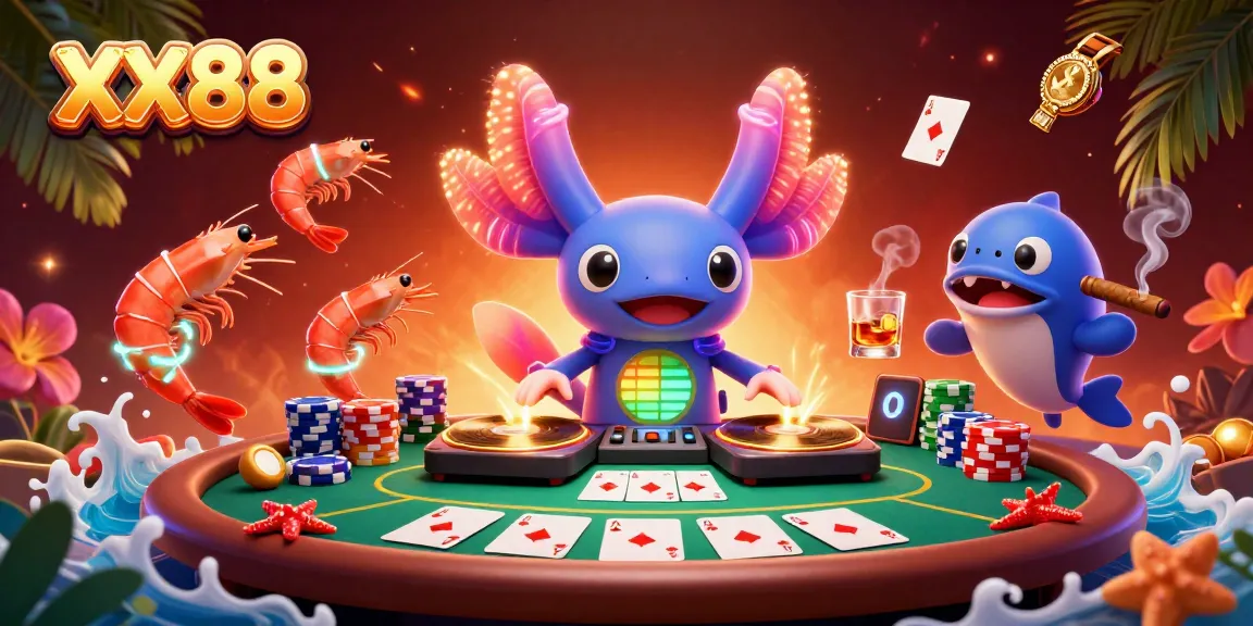 Join the dynamic scene at XX88 where a neon axolotl DJ spins records among poker elements.