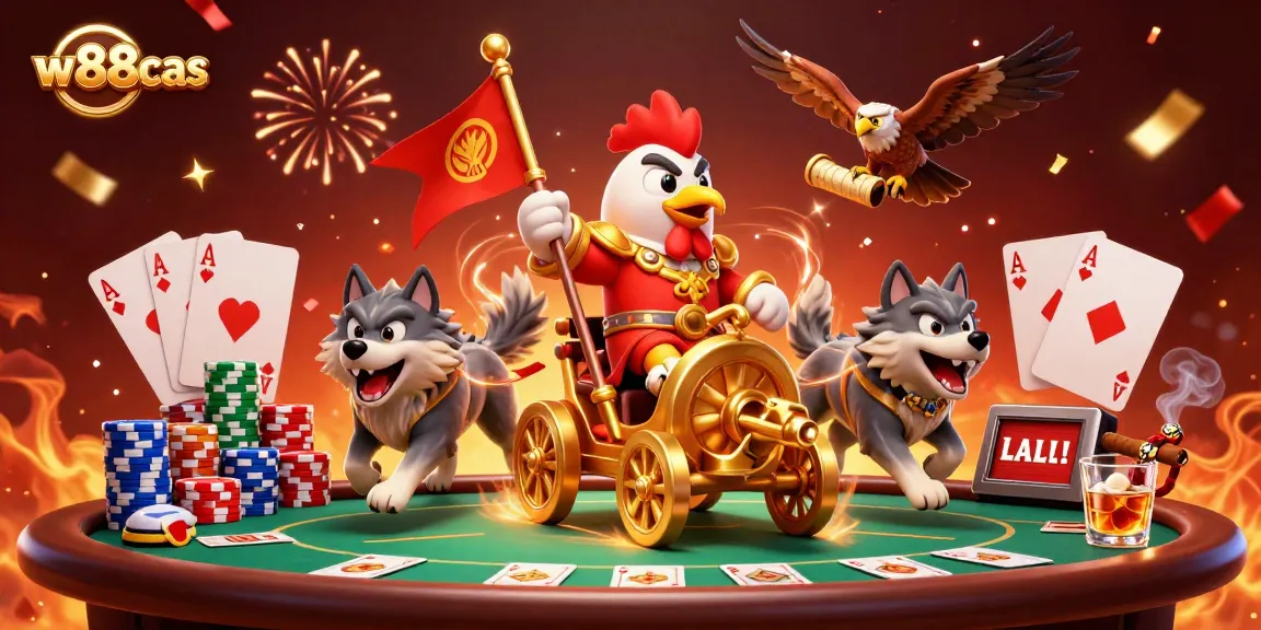 Experience thrilling gameplay at w88cas with vibrant animations of a rooster warlord and poker elements.