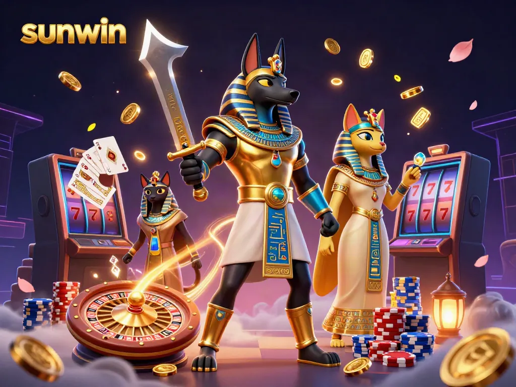 Experience exciting gameplay with sunwin in a vibrant 3D casino scene featuring ancient Egyptian elements and dynamic gambling symbols.