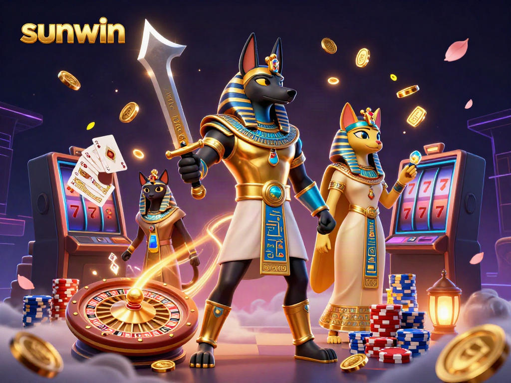 Experience exciting gameplay with sunwin in a vibrant 3D casino scene featuring ancient Egyptian elements and dynamic gambling symbols.