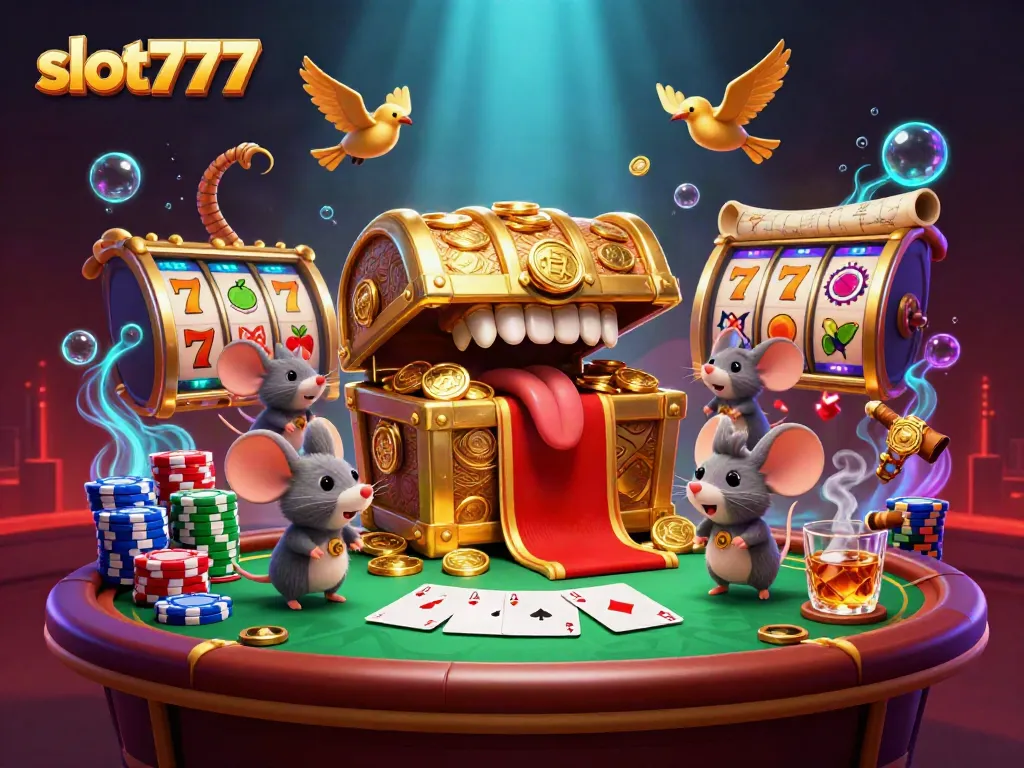 Raih kemenangan dalam slot777 dengan karakter ceria dan simbol menarik yang mengelilingi pemandangan kasino.