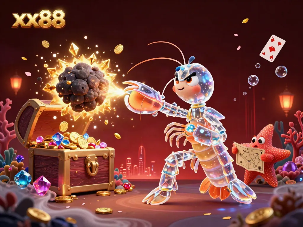 Experience vibrant gaming action in xx88 with a galactic mantis shrimp and treasures bursting from asteroids.