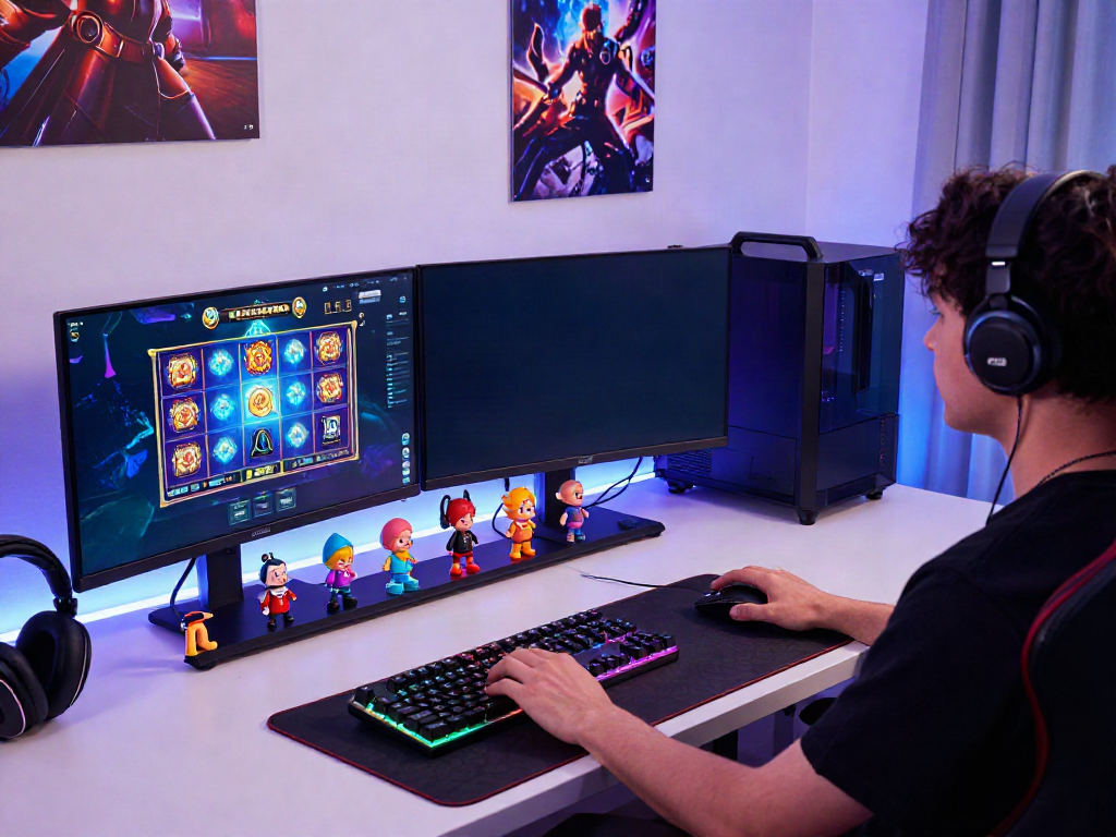 Gamer menikmati pengalaman bermain slot dengan perangkat modern dan pencahayaan menarik.
