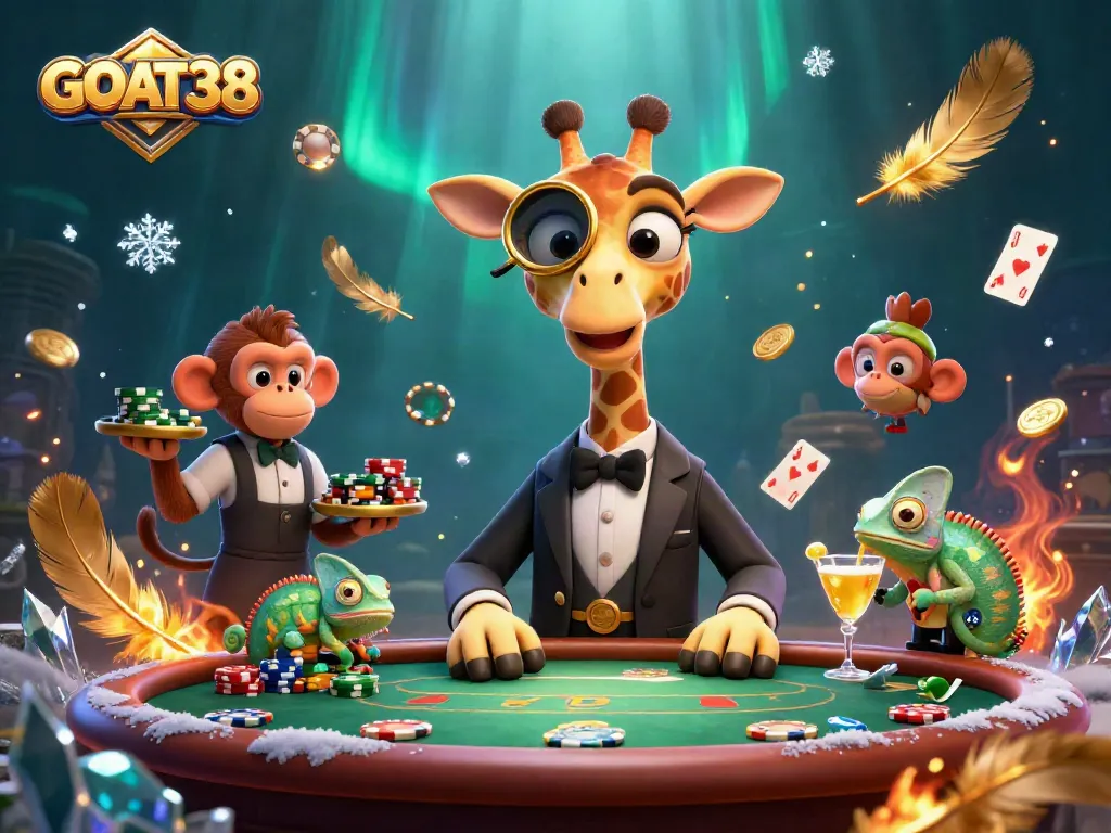 Engage with GOAT38 at a vibrant casino scene featuring a high-roller giraffe.