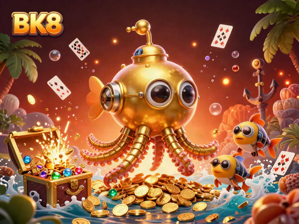 Experience the vibrant excitement of BK8 casino with a cartoon golden kraken submarine surrounded by treasures and dynamic gaming elements.