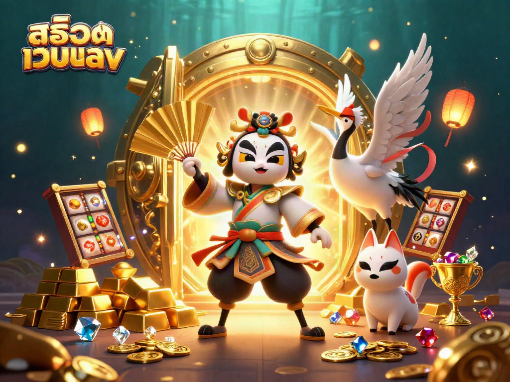 Spin the slots at สล็อตเว็บตรง with a vibrant scene of kabuki warriors and treasure!