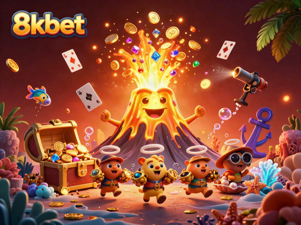 Engage with 8kbet's thrilling casino adventure featuring a golden volcano and treasure.