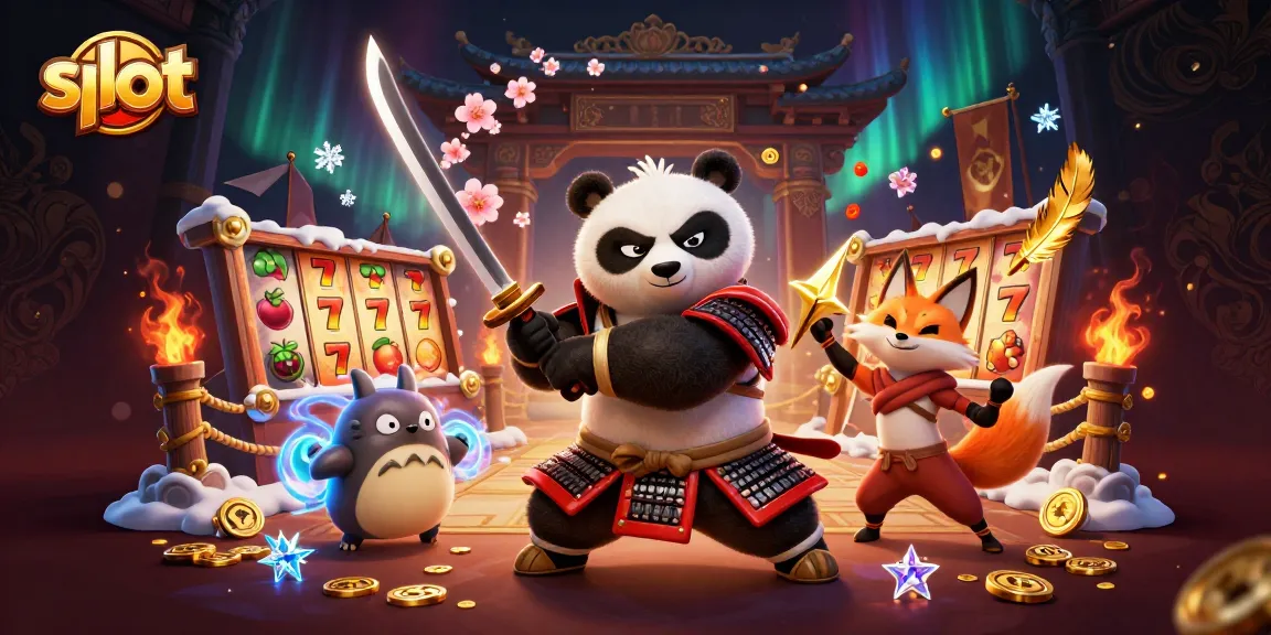 Engage in thrilling slot action with a dynamic scene depicting a samurai panda, ninja fox, and spirit tanuki.